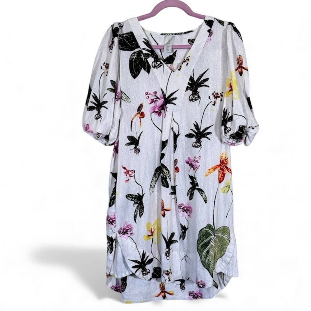 Joie White Tropical Floral Print Linen Shift Dress Womens M Short Sleeve Mini